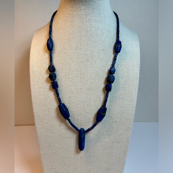 Natural Old Lapis Lazuli Heishi Style Tube Beads Necklace Vintage - Picture 1 of 8